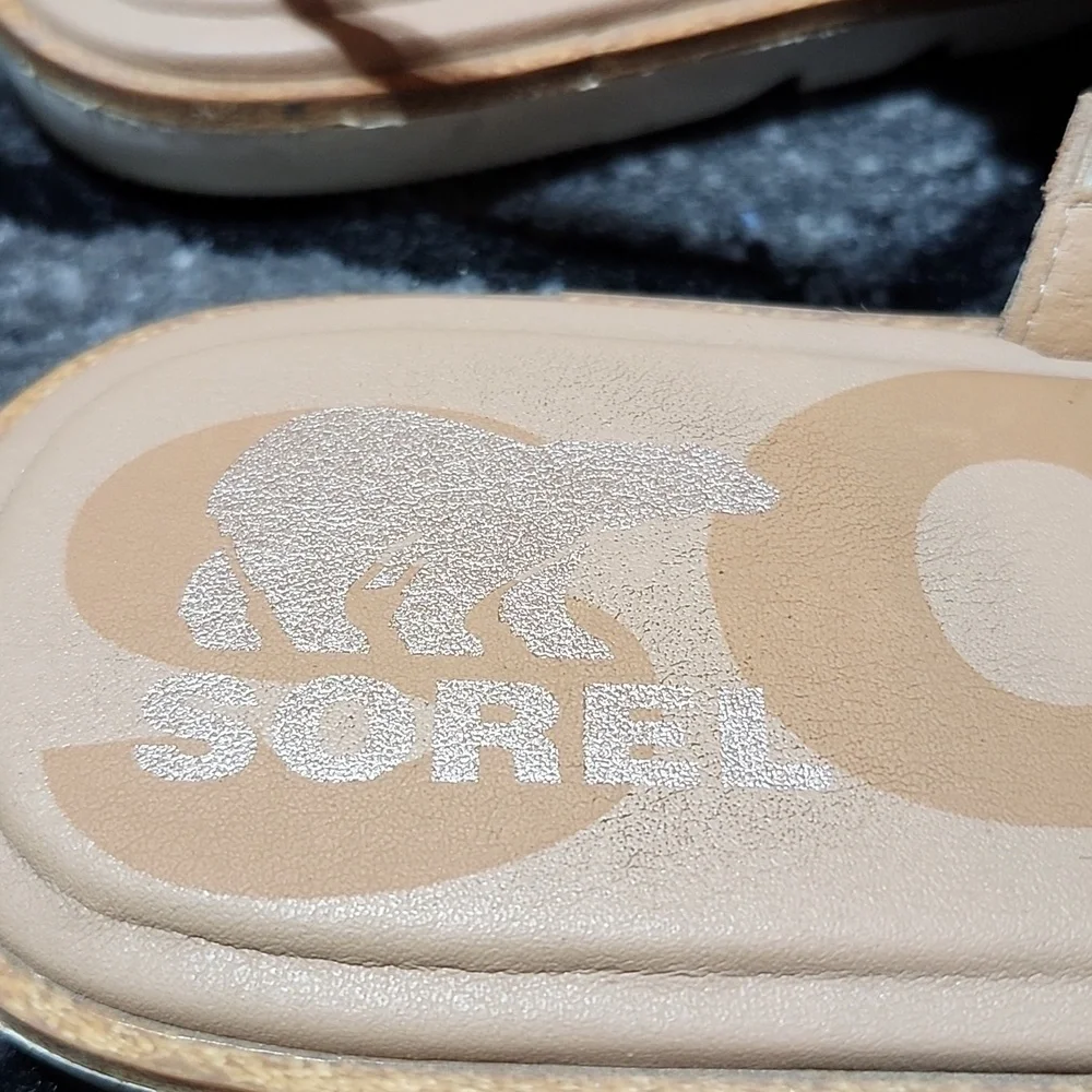SOREL ELLA II BEIGE SEA SALT LEATHER  SLINGBACK FLAT SANDALS SIZE US 9